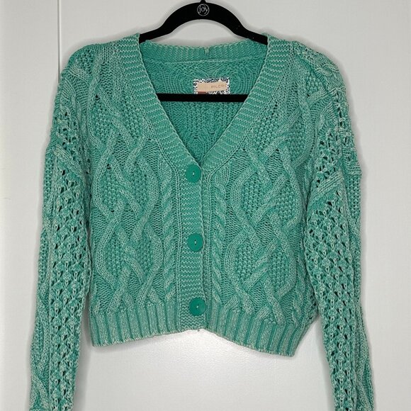 Anthropologie, Pilcro Cropped Cable Cardigan Sweater, Mint Green, Small - Picture 1 of 6